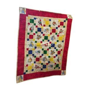 Vintage Handmade Colorful 42x33 Baby Quilt Blanket Frog Turtle Bird Color Block